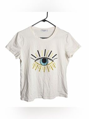 Everlynn Bling T-Shirt Women Size S White Evil Eye Blue Rhinestone Cotton Tee